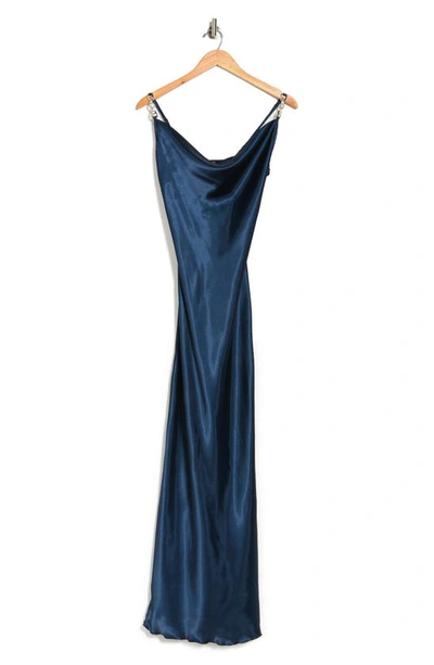 Jump Apparel Solid Long Satin Slip Dress In Navy