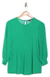 Adrianna Papell 3/4 Sleeve Pleated Moss Crepe Top In Vivid Green Seed Dot