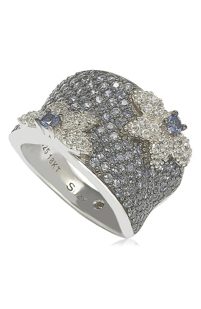 Suzy Levian 18k Gold & Sterling Silver Pavé Blue & Created White Sapphire Diamond Accent Floral Band