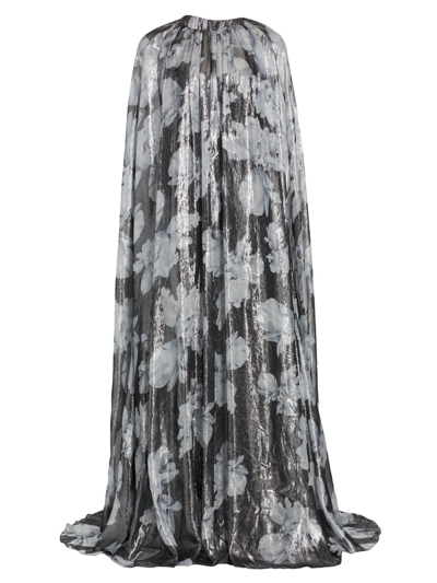 Halston Nicoletta Cape-effect Metallic Floral-print Silk-blend Gown In Black