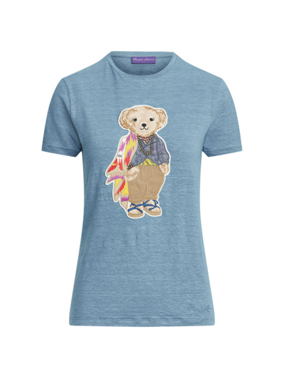 Ralph Lauren Island Bear Embroidered Cotton T-shirt In Dusty Blue