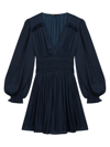 Maje Smocked Long Sleeve Satin Minidress In Navy