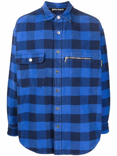 Palm Angels Blue Checked-print Shirt With Logo