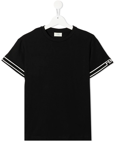 Fendi Kids' Logo-trim Crewneck T-shirt In Black