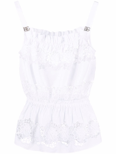Dolce & Gabbana Embroidered Crochet Insert Flounce-hem Top In White