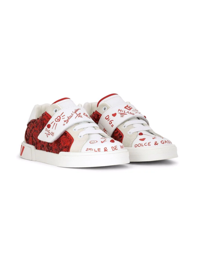 Dolce & Gabbana Kids' Glitter-detail Leather Sneakers In Red