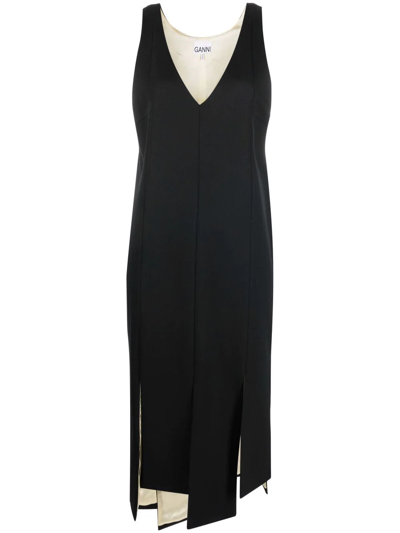 Ganni Twill Suiting Paneled Midi Dress In Black