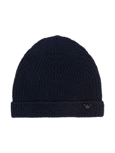 Emporio Armani Babies' Knitted Logo Beanie Hat In Blue