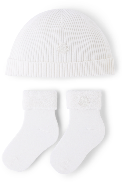 Moncler Kid's Silicone Logo Knit Hat & Socks Gift Set In Natural