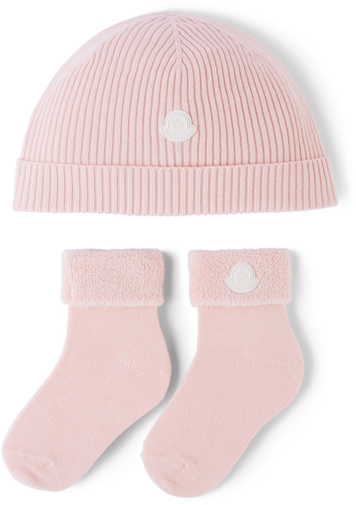 Moncler Kid's Silicone Logo Knit Hat & Socks Gift Set In Pastel Pink
