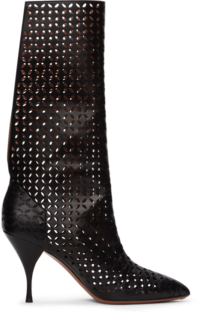 Alaïa Laser Cut Knee High Boots With Open Back In Black