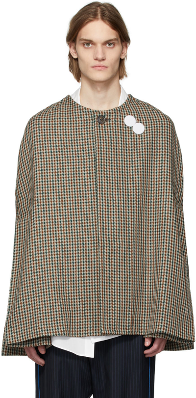 Stefan Cooke Multicolor Pleated Wool Cape In Green/brown Check