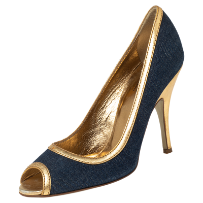 Pre-owned Dolce & Gabbana Blue/gold Denim And Leather Peep Toe Pumps Size 39