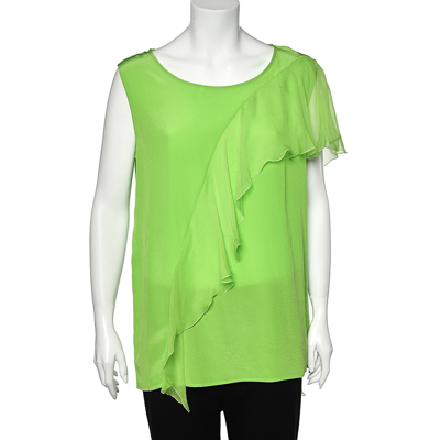 Pre-owned Versace Neon Green Silk Ruffled Sleeveless Top L