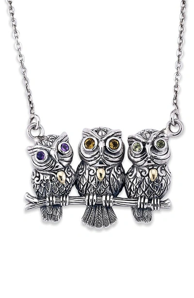 Samuel B. 18k Yellow Gold & Sterling Silver Amethyst, Citrine, & Peridot Filigree Owls Pendant Neckl In Silver And Gold