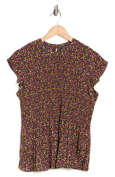 Adrianna Papell Printed Pleated Georgette Blouse In Black/ Berry Sweet Garden