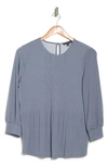 Adrianna Papell 3/4 Sleeve Pleated Moss Crepe Top In Dusty Blue Small Dot