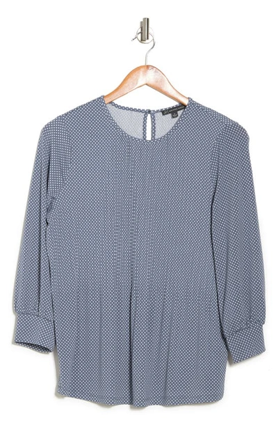 Adrianna Papell 3/4 Sleeve Pleated Moss Crepe Top In Dusty Blue Small Dot