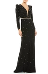 Mac Duggal Belted Jewel Encrusted Plunge Neck Long Sleeve Gown In Black Silver