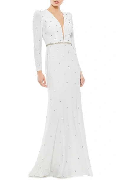 Mac Duggal Crystal Detail Long Sleeve Column Gown In White