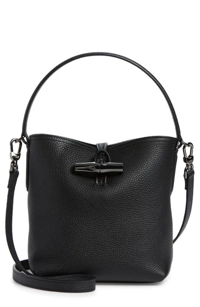 Longchamp Roseau Essential Leather Bucket Bag In Black