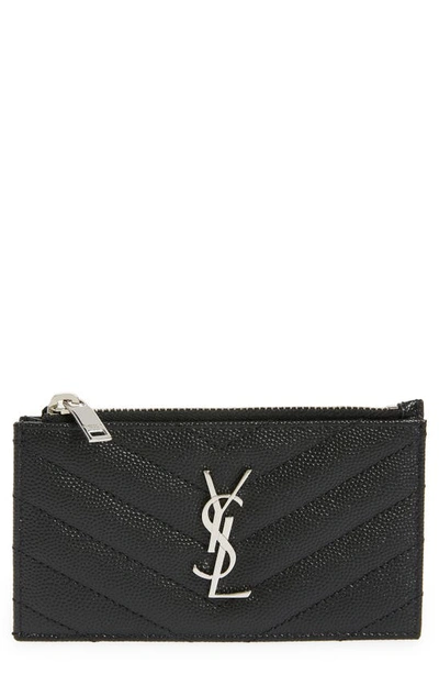 Saint Laurent Zip Fragments Leather Card Case In Nero