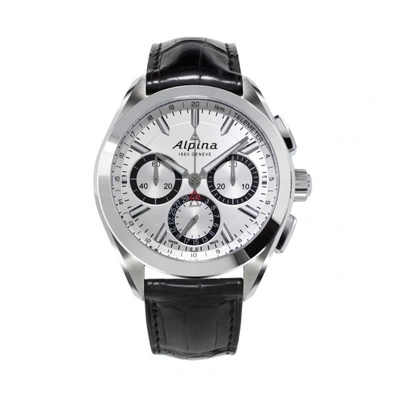 Alpina Manufacture 4 Flyback Chronograph Silvered Sunray Dial Automatic Black Leather Mens Watch In Black,silver Tone