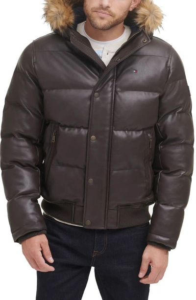 Tommy Hilfiger Faux Leather Hooded Puffer Bomber Jacket In Brown