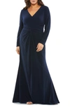 MAC DUGGAL RUCHED LONG SLEEVE JERSEY TRUMPET GOWN