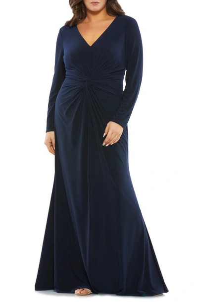 MAC DUGGAL RUCHED LONG SLEEVE JERSEY TRUMPET GOWN