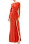 MAC DUGGAL RUCHED KEYHOLE LONG SLEEVE JERSEY GOWN