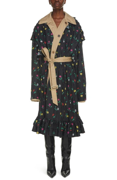 Balenciaga Reversible Black Flowers Trench Coat In Multi