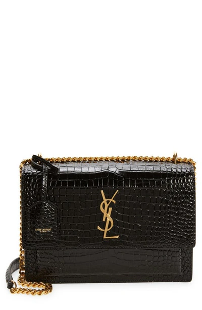 Saint Laurent Medium Sunset Croc Embossed Leather Shoulder Bag In Nero