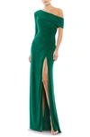 Mac Duggal Foldover Neck One-shoulder Jersey Gown In Emerald