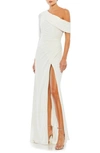 MAC DUGGAL FOLDOVER NECK ONE-SHOULDER JERSEY GOWN