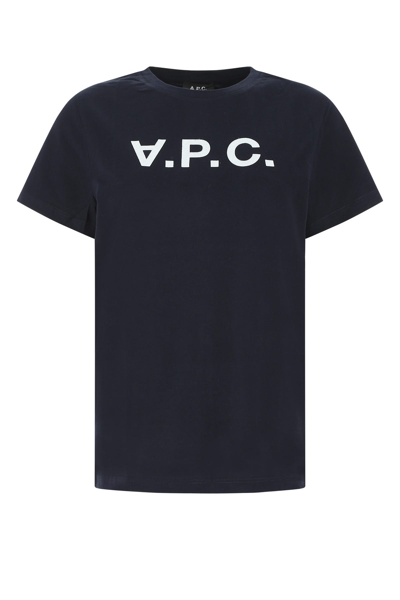 A.p.c. Blue Cotton T-shirt With Logo Print In Black