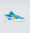 Nike Sacai Kaws Blazer Low Colour-block Suede-trimmed Leather Sneakers In Neptune Blue/bluecap-white