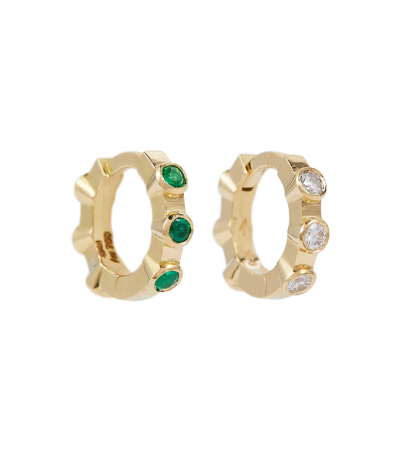 Ileana Makri Stepping Stone Midi 18kt Gold Hoop Earrings With Diamonds And Emeralds In Yellow Gold