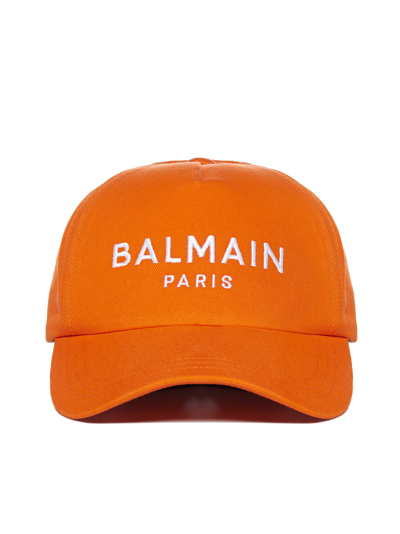 Balmain Embroidered Logo Cotton Baseball Cap In Orange Fonc Blanc