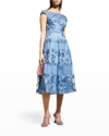 TADASHI SHOJI OFF-THE-SHOULDER CAP-SLEEVE LACE MIDI DRESS