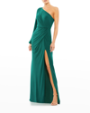 Mac Duggal One-shoulder Long Sleeve Jersey Gown In Emerald