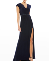 Mac Duggal Beaded Waist Cap Sleeve Dress Gown In Navy In Navy