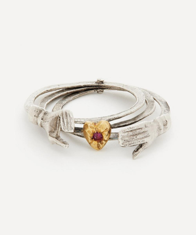 Acanthus Silver Fede Gimmel Ruby Heart Ring