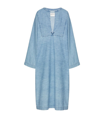 Valentino Caftan Dress In Chambray Denim In Blue