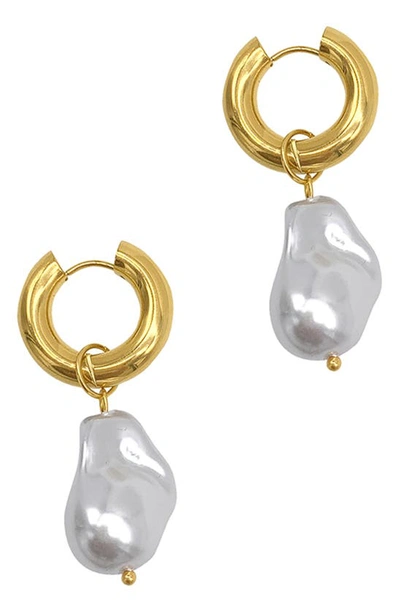 Adornia 14k Yellow Gold Plated Shell Pearl Drop Huggie Earrings In Silver
