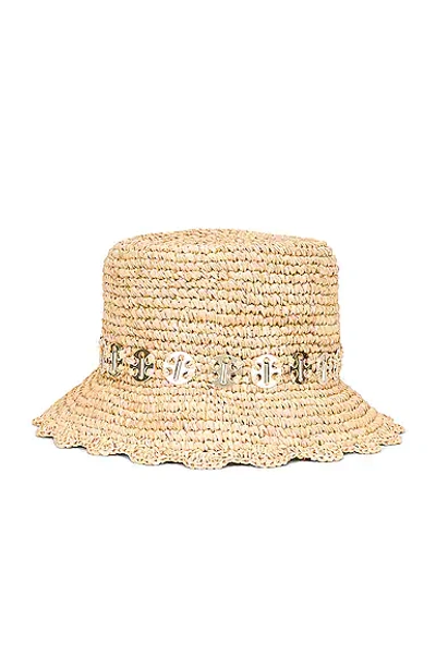 Paco Rabanne Embellished Scalloped Raffia Bucket Hat In Beige