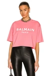 Balmain Women Logo Organic Cotton Cropped T-shirt In Rose Saumon & Blanc