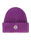 Moncler Logo Patch Rib Wool Beanie In Lavender