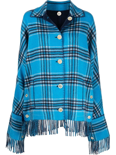Marni Reversible Fringed Checked Wool-blend Jacket In Light Blue,black,blue
