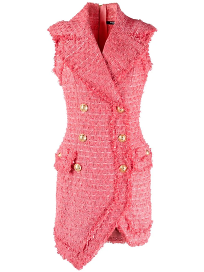 Balmain Short Tweed Dress With Double-buttoned Fastening In Salmon Rose